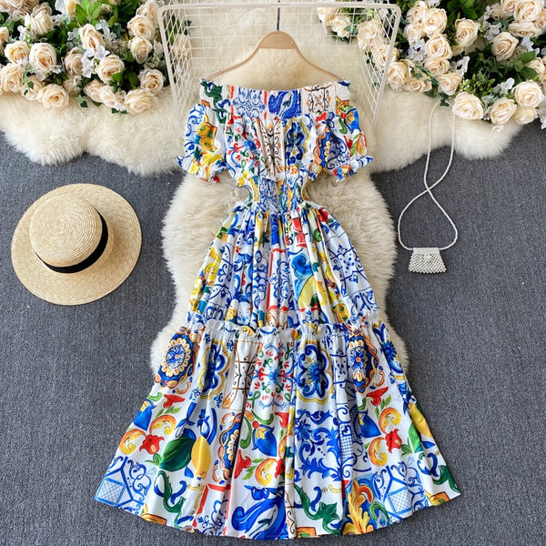 Menahem 2022 Summer Bohemian Porcelain Printed Flower Midi Dress Women's Off Shoulder Puff Sleeve Elastic Waist Runway Dress