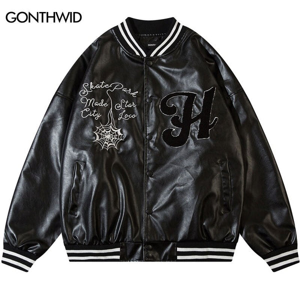 Mens Baseball Jacket Streetwear Embroidery Skull Letter Faux Leather Varsity Bomber Jacket 2023 Harajuku Casual Coats