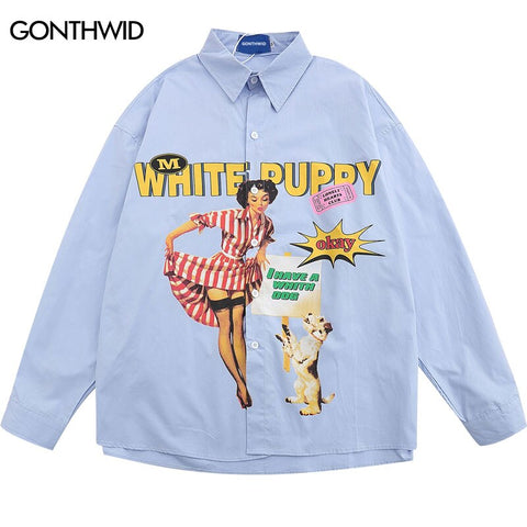 Mens Cotton Shirt Streetwear Y2K Hip Hop Vintage Graphic Print Button Up Long Sleeve Shirts Harajuku Casual Shirt