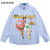 Mens Cotton Shirt Streetwear Y2K Hip Hop Vintage Graphic Print Button Up Long Sleeve Shirts Harajuku Casual Shirt