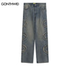 Mens Denim Jeans Streetwear Hip Hop Embroidered Patched Baggy Straight Jean Pants Harajuku Casual Loose Jeans Trousers