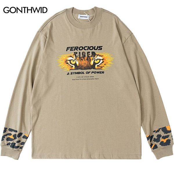 Mens Hip Hop Tshirt Streetwear Leopard Print Long Sleeve Cotton T-Shirt Unisex Harajuku Casual Loose Punk Gothic Shirts