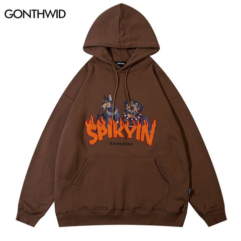 Mens Hoodie Sweatshirt Streetwear Hip Hop Embroidery Doberman Dog Flame Letter Oversized Hooded Harajuku Cotton Loose Pullover