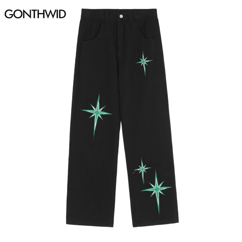 Mens Jeans Pants Streetwear Hip Hop Vintage Embroidered Star Baggy Denim Pants 2023 Harajuku Causal High Waist Trousers Black