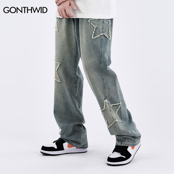 Mens Jeans Streetwear Hip Hop Embroidered Stars Patched Straight Baggy Denim Jean Harajuku Casual Loose Jeans Trousers