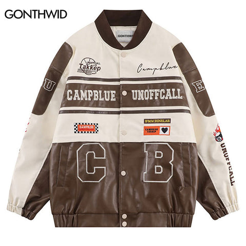 Mens Leather Jacket Streetwear Hip Hop Vintage Embroidery Letter Color Block Patchwork Baseball Jacket Autumn Casual Loose Coat