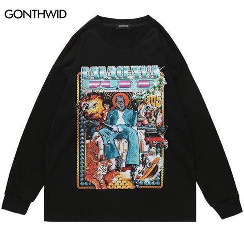 Mens T-Shirt Hip Hop Graphic Print Long Sleeve Cotton Tee Shirts Streetwear 2023 Harajuku Casual Loose Tshirt Tops Male