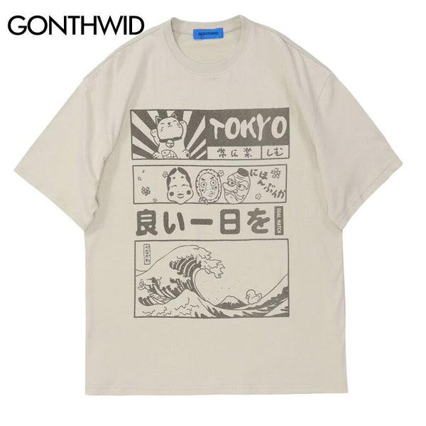 Mens T Shirt Streetwear Hip Hop Japanese Kanji Cartoon Poster Print Short Sleeve Tshirts 2023 Harajuku Summer Loose Cotton Tees