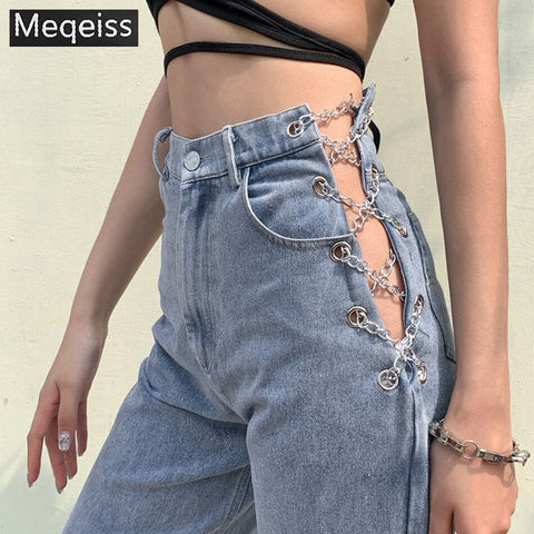 Meqeis harajuku high waist hollow out Chain design Slim jeans woman leisure streetwear Commute  strgight pants mujer