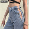 Meqeis harajuku high waist hollow out Chain design Slim jeans woman leisure streetwear Commute  strgight pants mujer