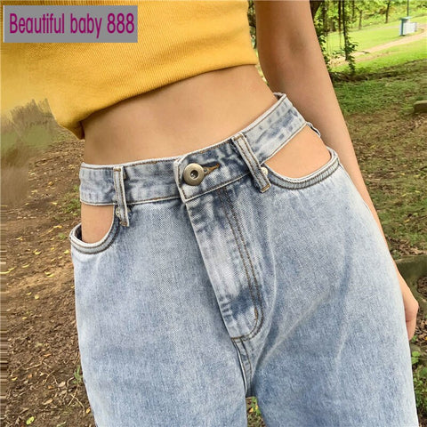 Meqeiss  High Waist Women Jeans Denim Ripped Destroyed  Vintage Cool Stretch  Casual Jeans Denim Blue Trousers
