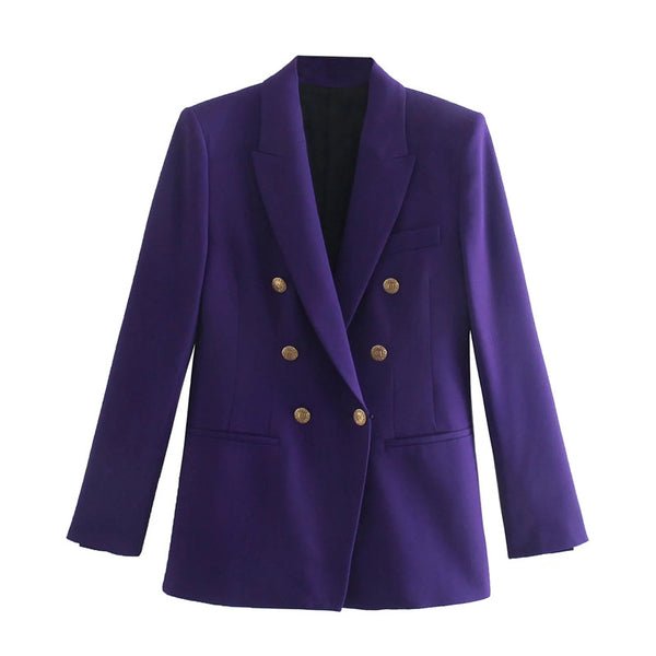 Merodi Office Lady Double Breastd Za Solid Long Blazers Outwear Womens Spring Casual Long Sleeve Purple Slim Jackets