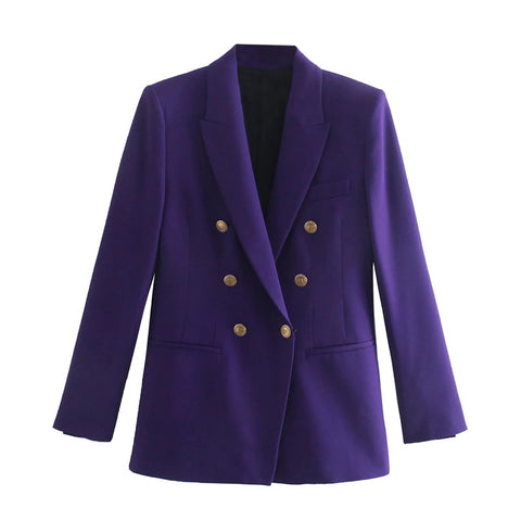 Merodi Office Lady Double Breastd Za Solid Long Blazers Outwear Womens Spring Casual Long Sleeve Purple Slim Jackets