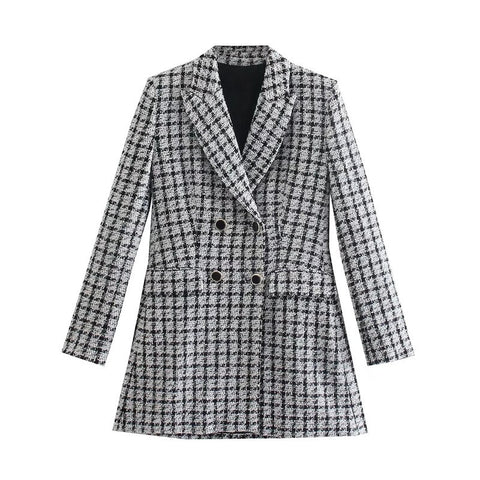 Merodi Women Autumn Double Breasted Za Thick Jackets Chic Lady Stylish Plaid Print Slim Blazers Girls Woolen Outwear