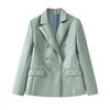 Merodi Womens Double Breasted Faux Leather Solid Long Blazers Outwear Female Office Style Long Sleeve Green Slim Jacket