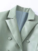 Merodi Womens Double Breasted Faux Leather Solid Long Blazers Outwear Female Office Style Long Sleeve Green Slim Jacket