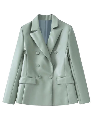 Merodi Womens Double Breasted Faux Leather Solid Long Blazers Outwear Female Office Style Long Sleeve Green Slim Jacket