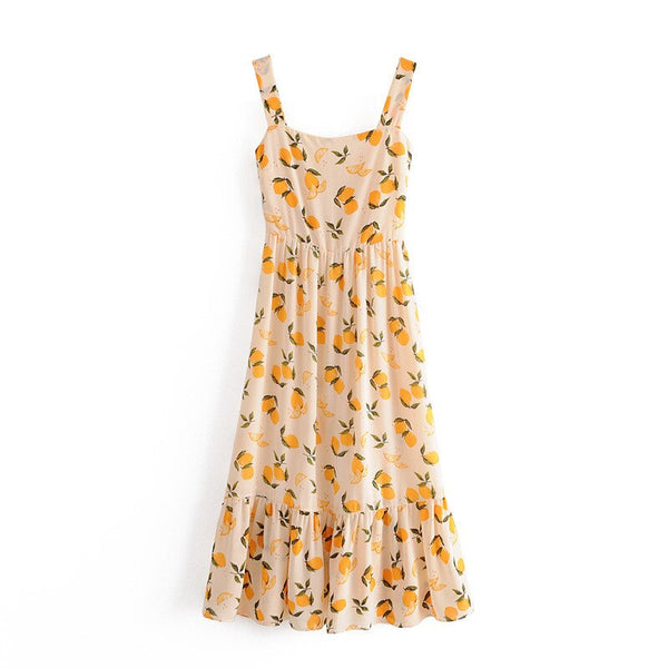 Merodi summer women vintage french style high waist lemon print long dresses chic lady pleated slim sling dress vestido de mujer