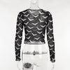 Mesh Bat Graphic Print Sexy Women T-shirts See Through Mall Gothic Grunge Aesthetic Punk Black Crop Tops Alternative Clothes 90s