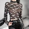 Mesh Bat Graphic Print Sexy Women T-shirts See Through Mall Gothic Grunge Aesthetic Punk Black Crop Tops Alternative Clothes 90s