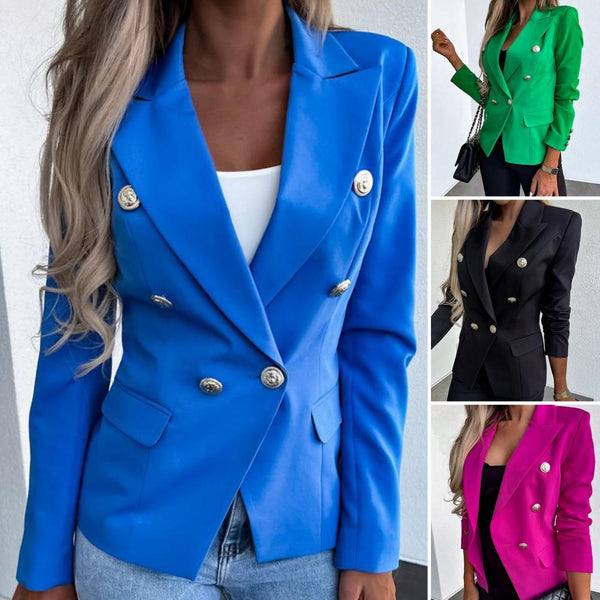 Metal Buttons Double-breasted Placket Office Blazer Long Sleeves Flap Pocket Elegant Blazer Autumn Solid Color Lapel Suit Jacket