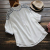Ladies Summer Artsy Embroidery Blouse Stand Collar Button Short Sleeve Irregular Hem Women Denim Shirt