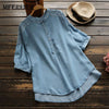 Ladies Summer Artsy Embroidery Blouse Stand Collar Button Short Sleeve Irregular Hem Women Denim Shirt