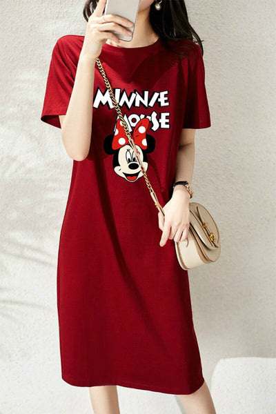 Mickey Mid-Length Dress Ladies Cartoon A-Line Dresses Summer Wine Red Robes Loose Homewear Nightdress Sweet Vestidoes Women 2022