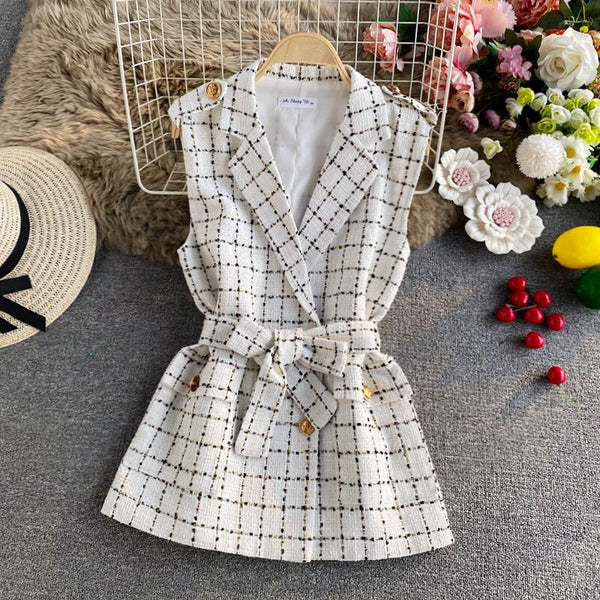 Mid-length Tweed Suit Collar Vest Women 2023 Spring and Autumn Sleeveless Jacket Suit Trend Woman Blazer
