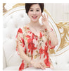 Middle-Aged Women Chiffon Blouse Shirt Short-Sleeved Women Silk Top Mother Clothing 40-50 Years Old Ruffles Blouse R530
