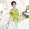 Middle-Aged Women Chiffon Blouse Shirt Short-Sleeved Women Silk Top Mother Clothing 40-50 Years Old Ruffles Blouse R530