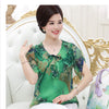 Middle-Aged Women Chiffon Blouse Shirt Short-Sleeved Women Silk Top Mother Clothing 40-50 Years Old Ruffles Blouse R530
