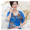 Middle-Aged Women Chiffon Blouse Shirt Short-Sleeved Women Silk Top Mother Clothing 40-50 Years Old Ruffles Blouse R530