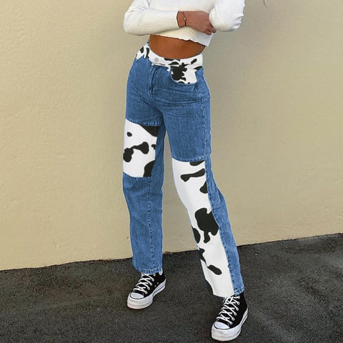 Milk Cow Print Straight Jeans For Girls Female Patched Women Vintage Denim Pants 2022High Waisted Trouser Capris Streetwear