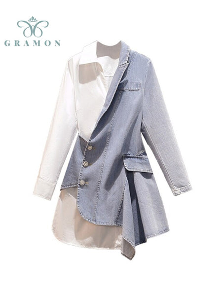 Mini Dress Women Denim Patchwork Lapel Chic Long Sleeve Vestidos Korean Asymmetric Button Up Shirt Dresses Femme Autumn
