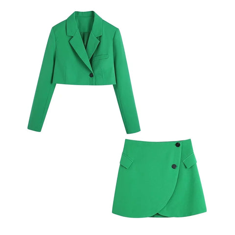 Mini Skirt Sets Green Female Blazer Cropped Women's Suit Elegant Basic Classic Chic Buttoned Vintage Minimalist Stylish