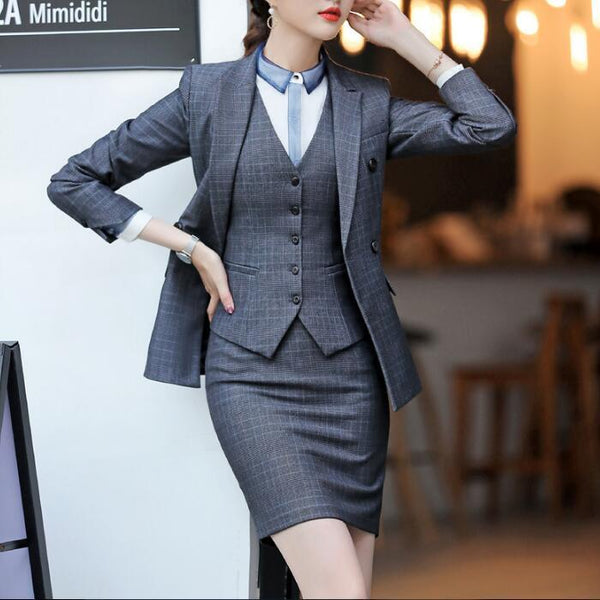 Mini Skirt Suits Women Double Breasted Plaid Blazer Jacket Vest Waistcoat 3 Piece Set Business Formal Work Office Ladies Wear