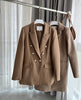 Minimalist Chic Camel Double Breasted Blazer Classic Neutral Gold Embossed Button Oversized Boyfriend Office Tailored Jacket