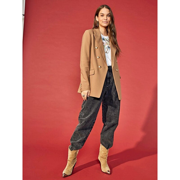 Minimalist Chic Camel Double Breasted Blazer Classic Neutral Gold Embossed Button Oversized Boyfriend Office Tailored Jacket