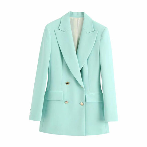 Mint Green Women Blazer Solid OL Tailored Collar Double Breasted Slim Suit Jacket 2023 Fashino Autumn Woman Clothing