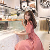Mishow women strap hight waist pink Mid-length dress 2022 causal square collar short sleeves with belt dress MX19B1936
