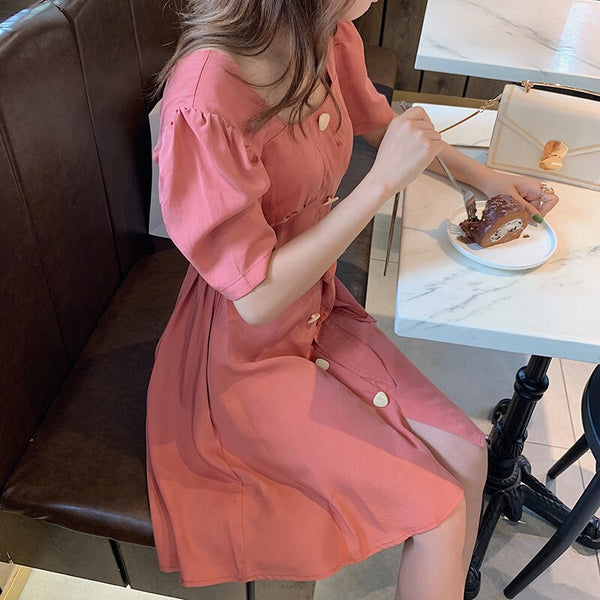 Mishow women strap hight waist pink Mid-length dress 2022 causal square collar short sleeves with belt dress MX19B1936