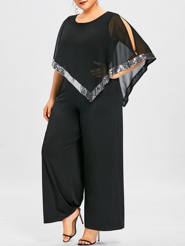 Miss Plus Size 5XL Wide Leg Long Pants Jumpsuit Romper 2022 Summer Office Ladies Work Wear Sequin Overlay Chiffon Party Overalls