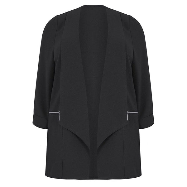 MissKoKo Plus Size Solid Black  Women Blazer Notched Collar Full Sleeve Zipper Female Cardigan Tops Office Lady Outwear Coats
