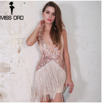 Missord 2022 Sexy Deep V Off Shoulder Summer Dresses Tassel Women Backless Party Mini Dress FT8519-1