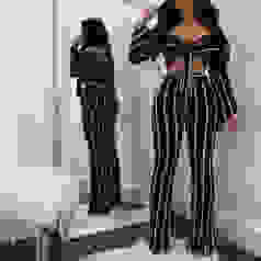 Missord 2022 Sexy Long Sleeved Two Pcs Sets Striped Jumpsuit FT8784