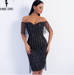 Missord 2022 Sexy Spring and Summer Off Shoulder Striped Glitter Elegant Tassel Party Dress FT8781-1