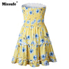 Strapless Yellow Floral Printed Smocked Dress Ruffles A Line Babydoll Casual Beach Outfit Mini Summer Dress Women 2022
