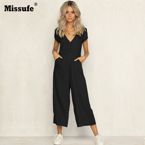Wide Leg Pants Casual Button Female Long Playsuit 2022 Short Sleeve Summer Bodysuits Sexy V Neck Women Jumpsuit