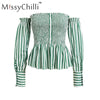 Ruffle Striped off shoulder blouse shirt Women sexy button crop top Vintage tube party club female blouse shirt